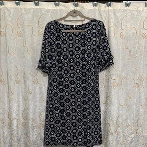 White and Blue Ruffle Sleeve Sheath Dress